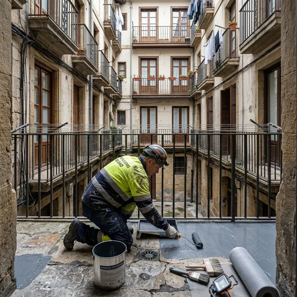 Impermeabilización de patios en Bilbao: patio interior de una comunidad durante la obra