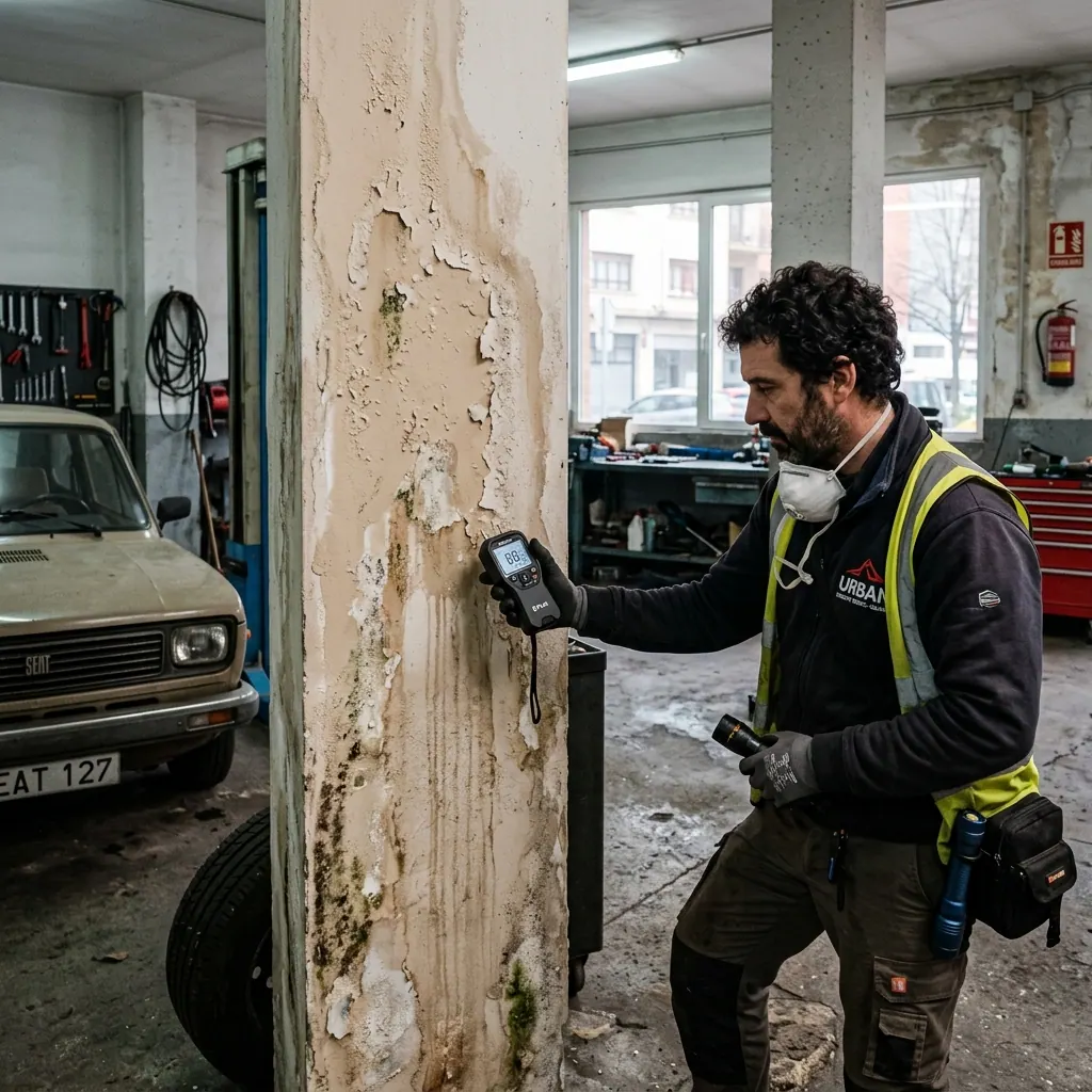 Técnico revisando una humedad en el techo de una vivienda de Bilbao