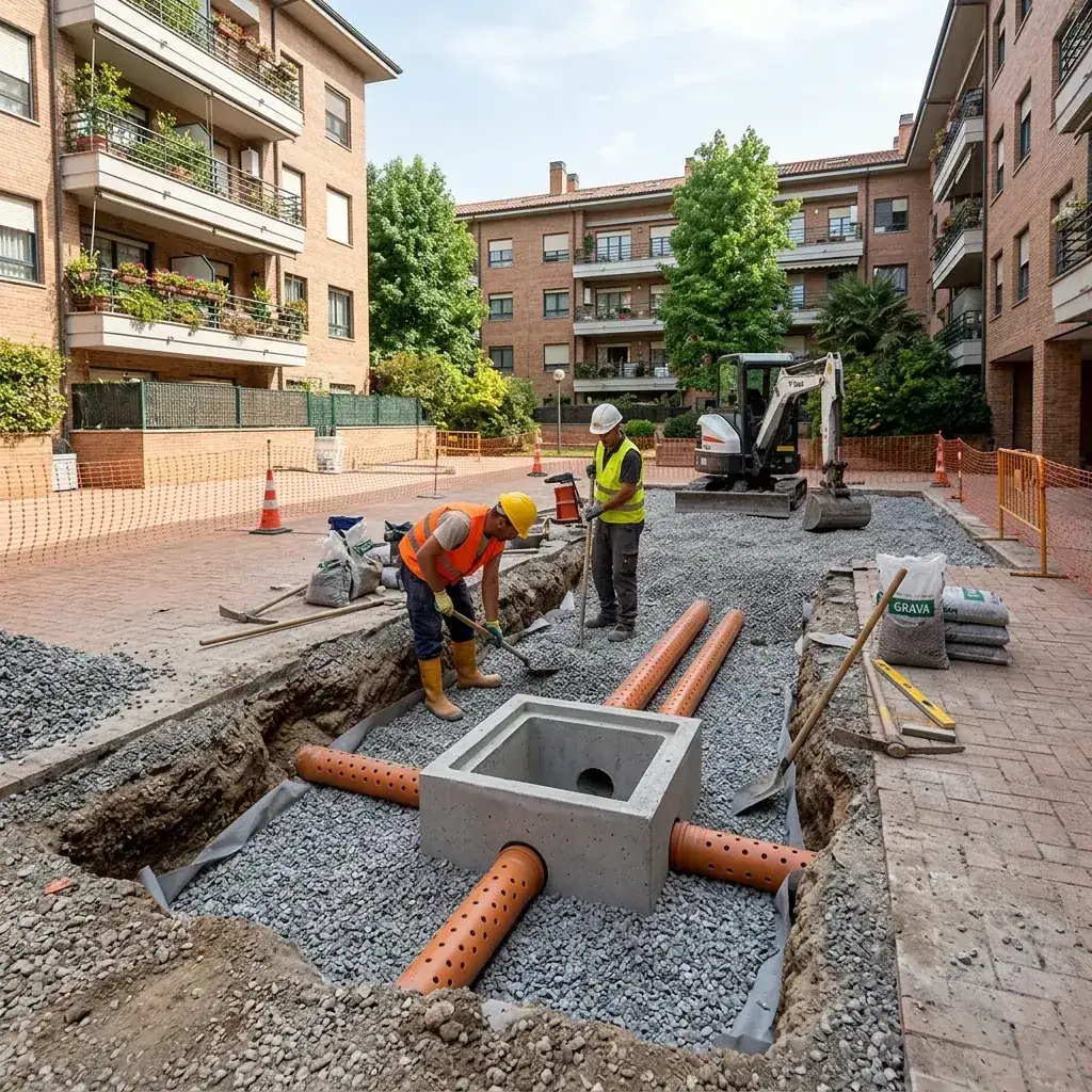 Patio interior en Portugalete con drenaje nuevo y membrana impermeable