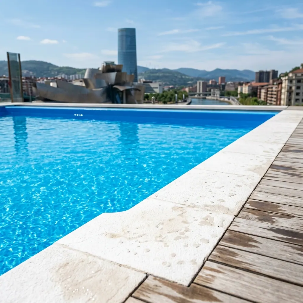 Piscina comunitaria desbordante revestida con poliurea proyectada en Santurtzi